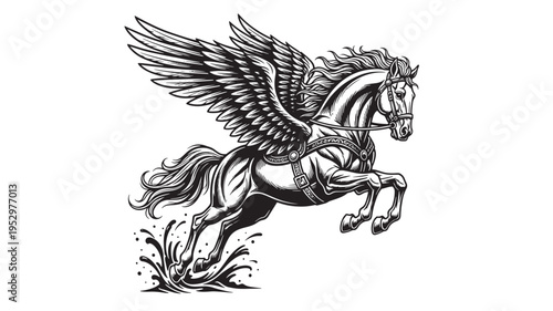 Pegasus winged horse in mid-air with detailed mane and flowing tail, captured in a dynamic black and white illustration style.