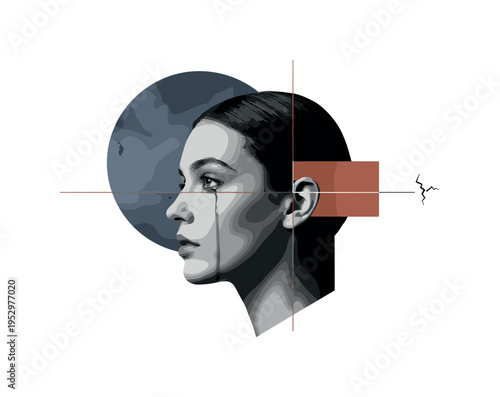 High-contrast monochrome portrait split vertically into two different faces blended at the center, layered paper collage look, large abstract circle in deep