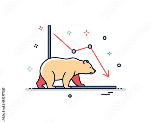 Stock market trading bear market indicator featuring a minimal bear silhouette combined with a descending graph line. The composition conveys caution, downturn