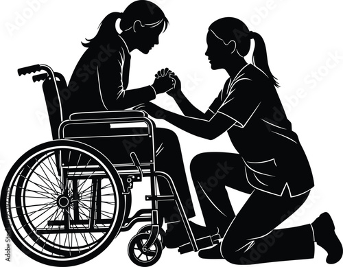 Wheelchair support silhouette illustration, compassion care artwork, disability assistance design, inclusive empathy graphic, mobility aid concept, supportive relationship scene