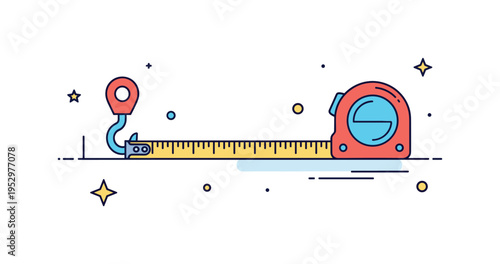 Construction measurement setup featuring a tape measure stretched between two points with the hook anchoring one end securely, expressing planning, structural