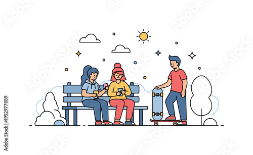 Young friends gathering in a park with two figures sitting on a bench and one standing with a skateboard, expressing carefree connection, shared hobbies, and