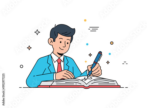 Author meet and greet writer smiling while autographing an open book with subtle sparkle accents around the pen tip, conveying appreciation for readers and