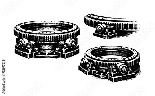 Observatory dome rotation mechanism A realistic observatory dome rotation mechanism with gear ring, rollers, and support housing, shown in three