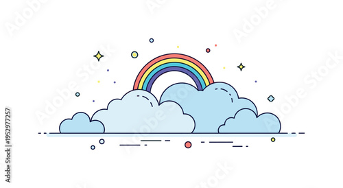 Soft clouds after rain showing a small rainbow arching above rounded cloud silhouettes, expressing renewal and quiet joy after a storm. The scene communicates