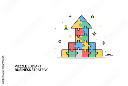 Puzzle business strategy idea centered on multiple small puzzle pieces forming a clean upward arrow shape. A structured editorial symbol of planning,