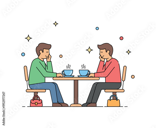 First date moment two people meeting at a cafe table with coffee cups and gentle sparkle accents, conveying anticipation and shy excitement. Minimalist flat