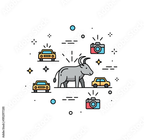 Wildlife disturbance from safari tourism depicting a simplified animal silhouette surrounded by vehicle icons and camera flashes, symbolizing stress and