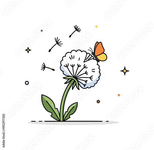 Dandelion and butterfly single white puffball with a small butterfly resting lightly on its edge, expressing fragility and harmony in a simple natural scene.