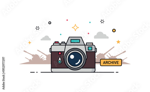 Historical war photography concept with a vintage camera positioned in front of a subtle battlefield silhouette symbolizing documentation, memory, and the