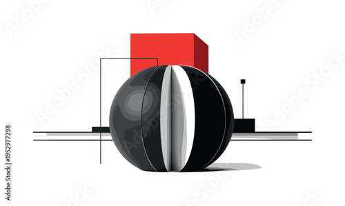 Black and white architectural dome sliced into two hemispheres, bright red rectangular block behind structure, minimal geometric shapes and linear elements