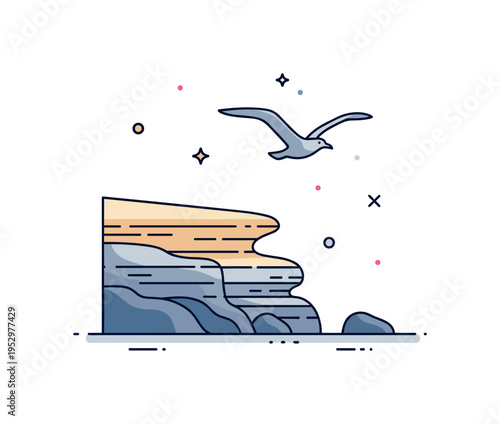 Coastal bird over cliffs showing a single seagull silhouette gliding above layered seaside rocks, symbolizing freedom, perspective, and open skies. A light and