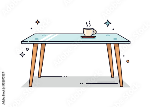 Scandinavian style glass table clear rectangular surface paired with light wooden legs and a single ceramic cup on top, conveying warmth and simplicity within