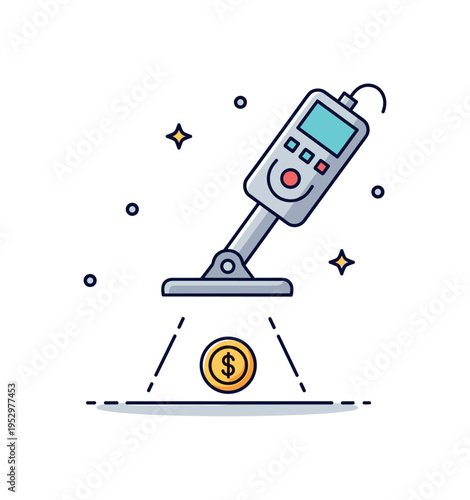 Metal detector scanning scene with a handheld device hovering above a small coin icon symbolizing exploration and discovery. The compact composition conveys