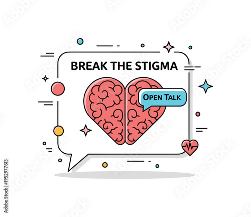 Break the stigma concept speech bubble surrounding a heart shaped brain symbol with a small Open Talk label, expressing the value of honest conversations about