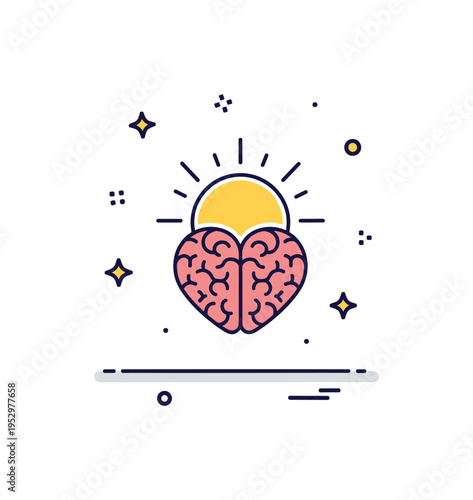 Hope and recovery emblem rising sun behind a small heart shaped brain with subtle spark accents, representing resilience, progress and brighter days ahead.