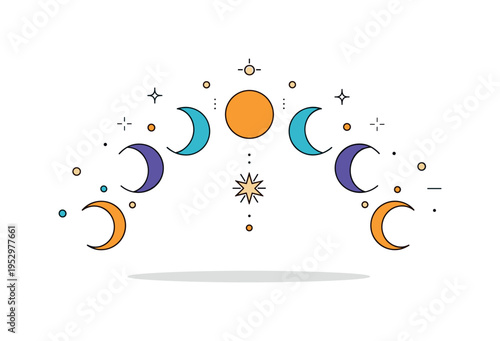 Astrology inspired moon phases symmetrical arc of lunar shapes surrounding a central star symbol, representing mysticism, intuition and celestial influence.