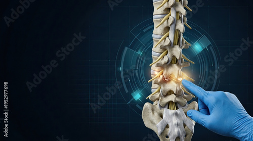 Medical spine anatomy human vertebra spinal cord nerve back pain disc injury doctor hand blue glove diagnosis healthcare orthopedic treatment sciatic nerve concept on digital technology background