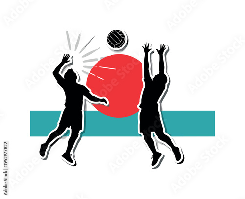 Black and white corporate volleyball game with colleagues mid-action, bold red circle behind the airborne ball, teal rectangular block intersecting the lower