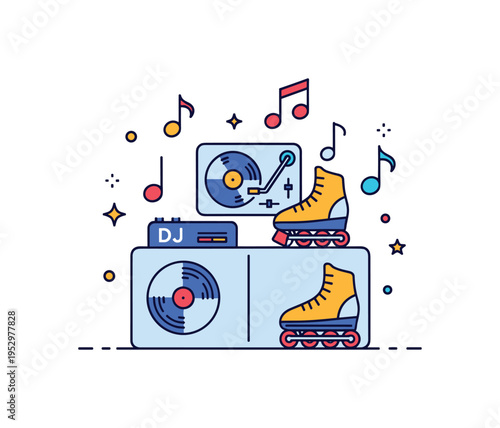 Roller rink DJ booth concept shown by a small turntable icon paired with roller skates and musical note accents, conveying sound, movement, and energetic dance
