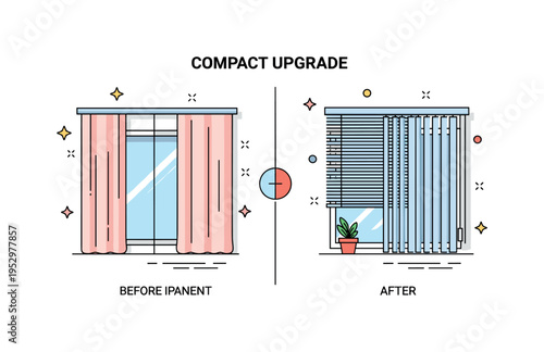 Interior upgrade before and after scene showing a compact split panel with soft curtain silhouette on one side and sleek vertical blinds on the