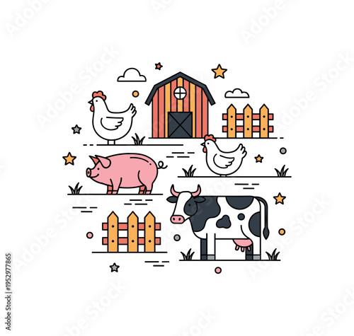 Barnyard ecosystem idea built around a pig, chicken, and cow arranged in harmonious composition with minimal fence and grass details, expressing balanced rural