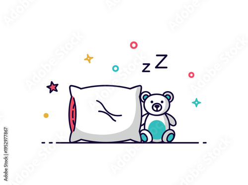 Pillow nursery comfort theme with a small soft cushion placed near a minimal teddy silhouette accent. A heartwarming metaphor of safety, calm sleep, and gentle