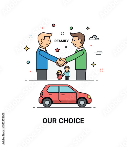 Reaching a family agreement handshake between two adult figures above a compact car silhouette labeled Our Choice, conveying unity and confident final decision