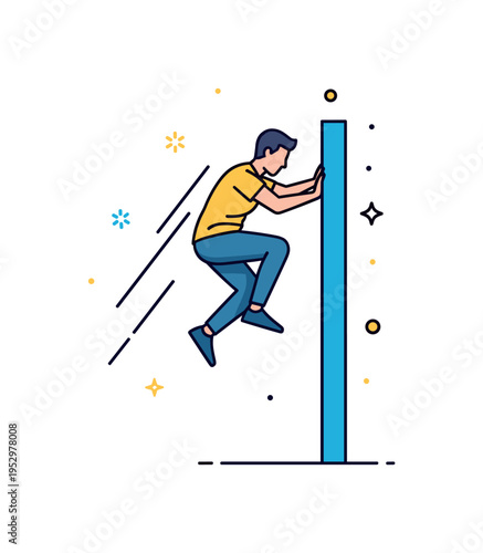 Parkour wall jump action moment illustrated by a figure pushing off a vertical surface with clear directional motion lines. A bold editorial symbol