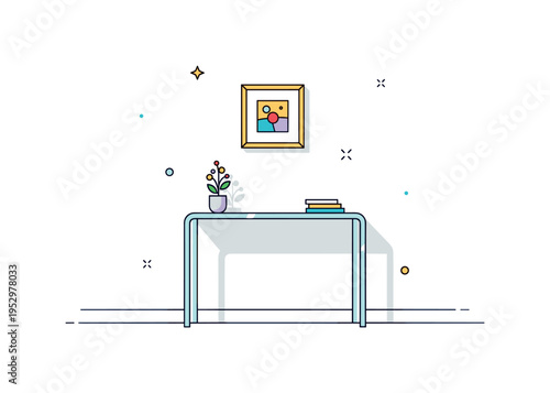 Minimalist console glass table narrow transparent tabletop against a blank wall with a small framed artwork above, expressing refined hallway styling and