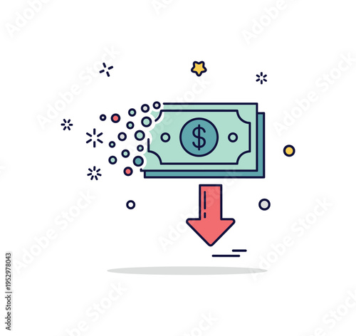 Currency devaluation concept featuring a fading banknote icon with a downward arrow, expressing weakening exchange rates and economic turbulence. Small spark