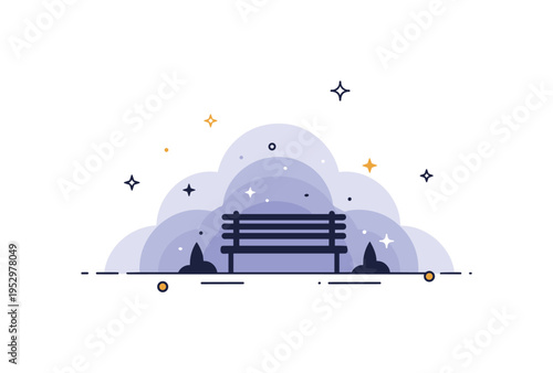 Foggy morning solitude scene centered on a bench silhouette partly obscured by rounded mist layers with tiny sparkle accents, conveying calm reflection,