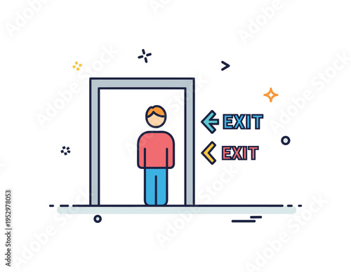 Stage entrance and exit cue illustrated with a simple doorway frame beside a performer silhouette and small arrow icons indicating movement