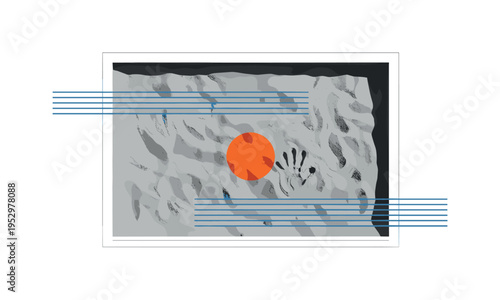 Black and white sandbox viewed from top with minimal child hand imprint in the sand, bright orange circular accent breaking symmetry, blue thin horizontal