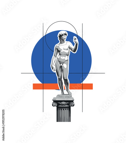 Black and white classical sculptural figure posed on minimalist pedestal in art studio setting, bold blue circular halo behind the model emphasizing form,