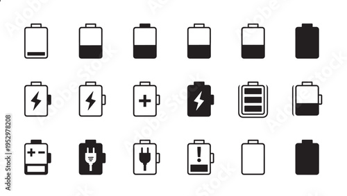 Battery icons set with various charge levels, charging indicators, and status symbols, presented in simple black and white outlines.
