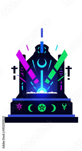 Illuminated mystical altar with glowing symbols and colorful lights.