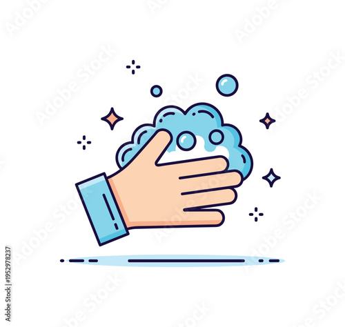 Cleanliness personal hygiene routine illustrated by a simple hand icon with soap bubbles and tiny sparkle accents floating around. A clear and friendly