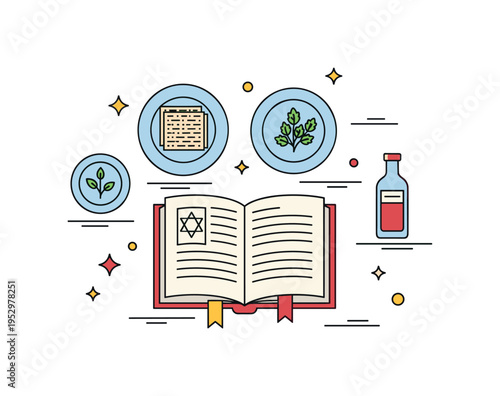 Family Seder guide depicted by an open Haggadah book with small symbolic plates for matzah, herbs, and wine, expressing ritual, guidance, and shared
