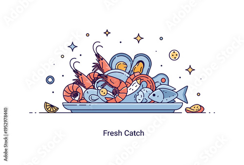 Seafood platter coastal celebration scene featuring a generous plate of mixed seafood with subtle sparkle accents and a tiny ?Fresh Catch? caption integrated