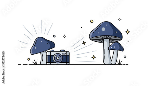 Long exposure night fungi photography concept illustrated by luminous mushroom caps with faint radial lines suggesting soft light diffusion. The composition