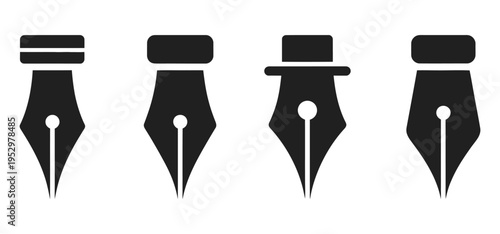 black silhouette pen nib icons, vector illustration, calligraphy and writing tool symbols, office and stationery graphics, fountain pen design elements, flat vector set for web, app, and print use.