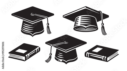 Graduation caps and books icon set with black silhouette outlines on a white background. featuring mortarboard, tassel, book with textbook and