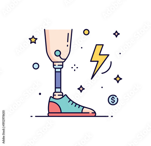 Assistive technology empowerment shown with a prosthetic limb combined with a small lightning bolt icon, expressing innovation, strength, and