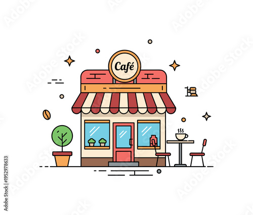 Vintage cafe storefront scene centered around a charming retro facade with striped awning and a small round sign reading Cafe, symbolizing nostalgia, warmth,