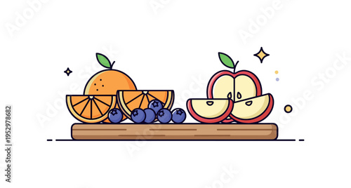 Fruit platter breakfast energy theme represented by a simple wooden board with orange halves, blueberries, and apple wedges beside a tiny sparkle accent. The