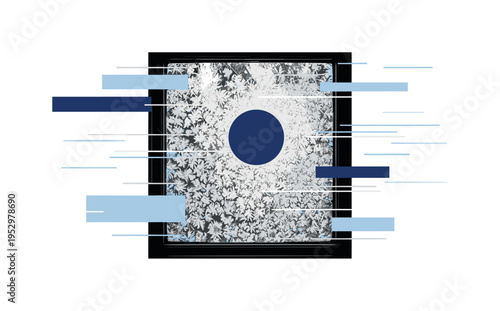 monochrome window with frost texture as main object, stylized with bold navy circle representing moonlight, abstract flat icy blue rectangles and thin diagonal