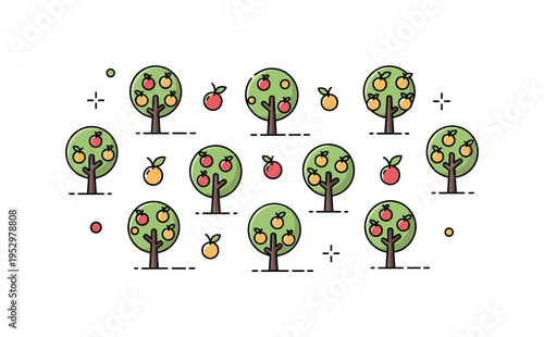 Fruit orchard grove concept centered on evenly spaced trees with small round fruit icons, expressing cultivation, harvest, and rural productivity.