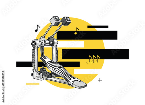 monochrome bass drum pedal mechanism enlarged as focal detail, overlapping oversized yellow circular backdrop and black abstract bars, fine structured lines