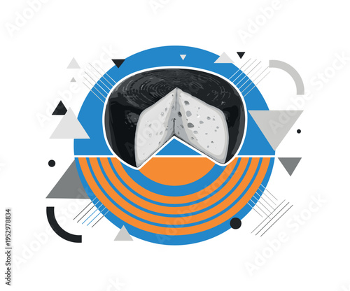 Black and white cheese wheel partially sliced open revealing texture, bold blue circular backdrop and orange concentric arcs symbolizing richness, abstract